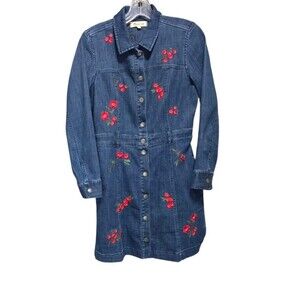 Madewell Embroidered Denim Dress Women's 4 Red Floral Snap Front Pocket Belted